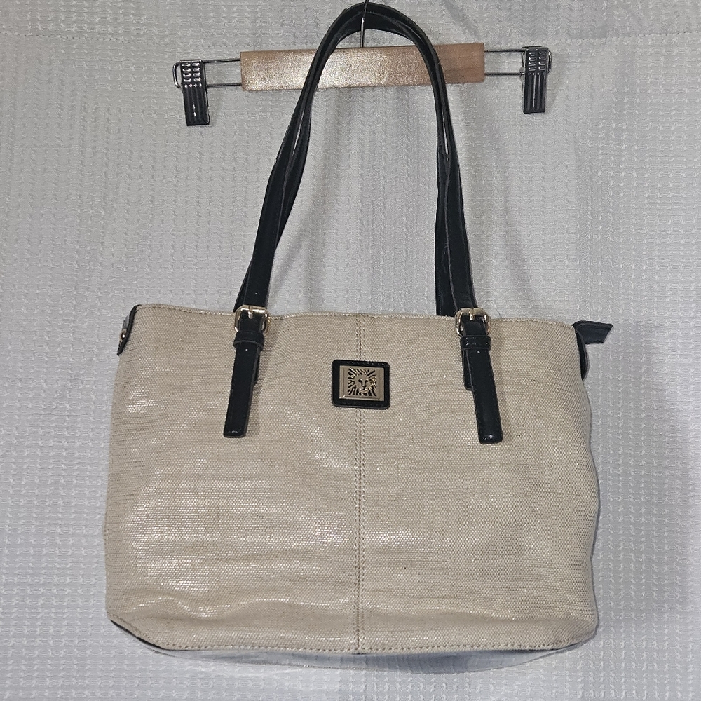 ANNE Klein Woven and Black Patent Tote Style Handbag Bag Purse - Picture 3 of 11